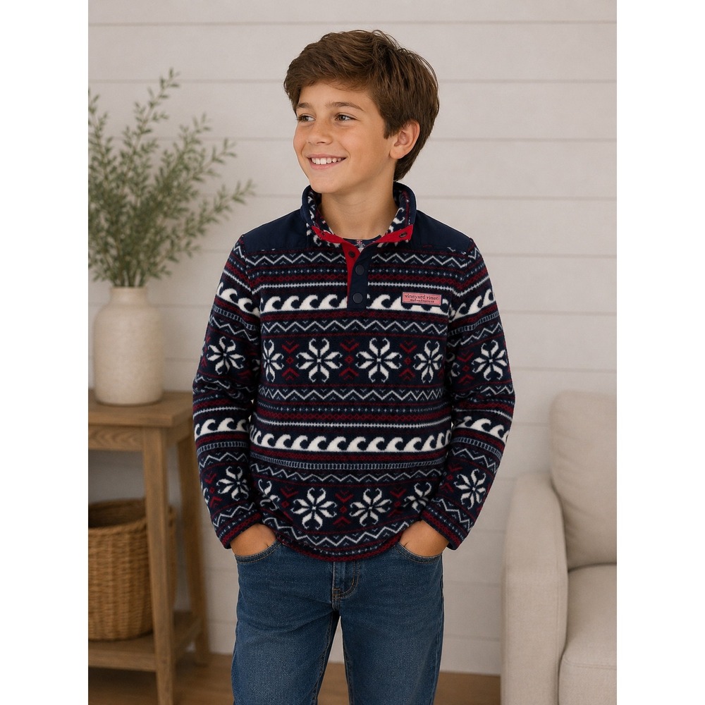 Vineyard Vines Boys S Navy Blue Fair Isle Snowflake Wave Fleece Snap Pullover